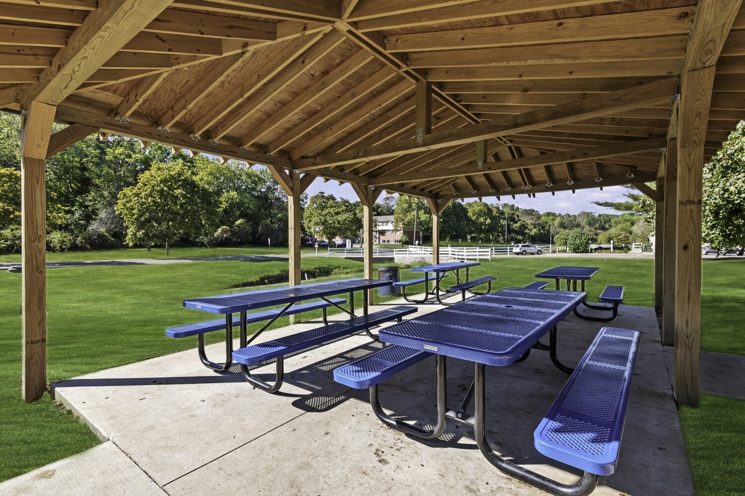 Picnic shelter with blue tables on a sunny day in a park setting.